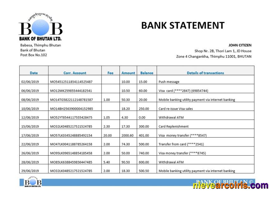 Bhutan Bank of Bhutan bank statement